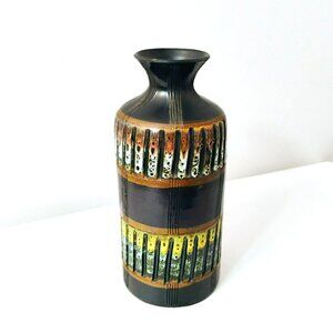 Vintage MCM Kreiss Italy Art Pottery Vase Black Abstract 8.5" Cylinder Bitossi